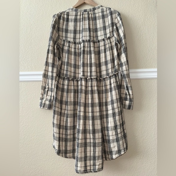 Sundance 100% Cotton Gauze Plaid Tunic Dress V Neck Cream Black Size Small - Picture 2 of 7